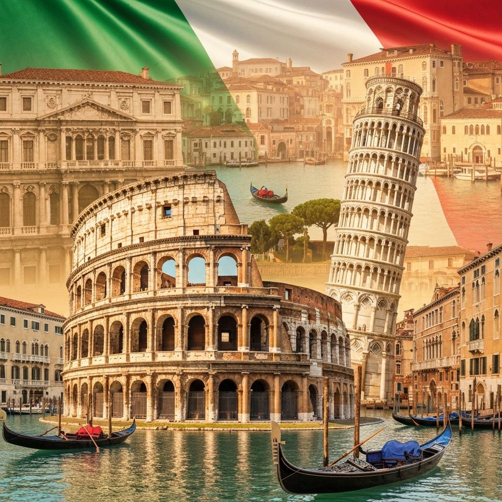 Monuments emblématiques d'Italie avec le drapeau italien